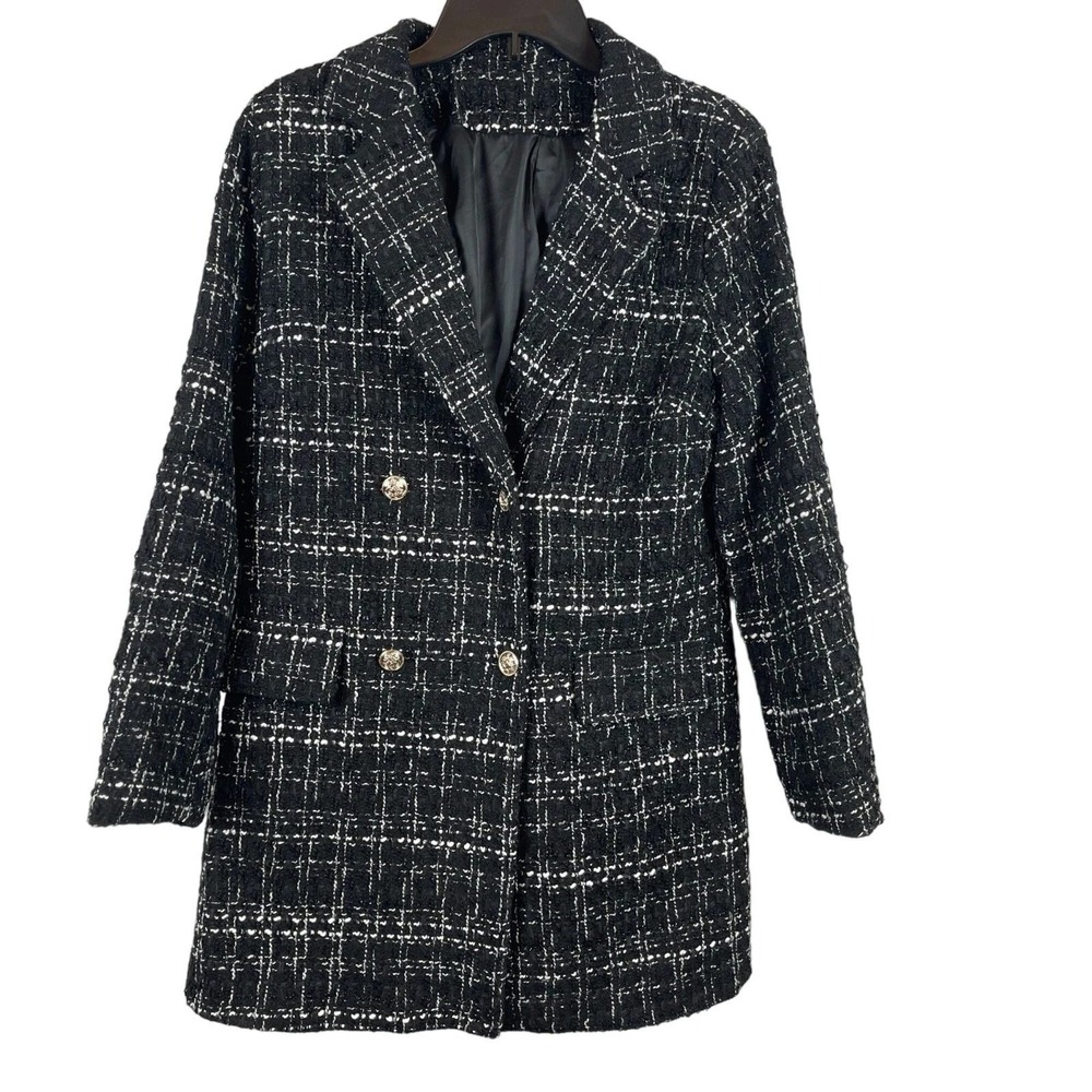SHEIN Tweed Blazer Double Breasted Women Size L Black White Plaid Gold Button